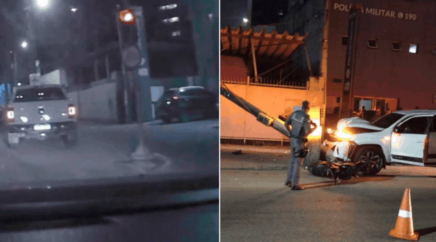 Motorista desmaia ao volante e bate caminhonete em poste em frente à companhia da PM; VÍDEO