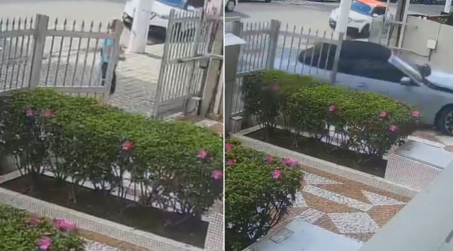 BMW desgovernada invade condomínio e quase atropela mulher no litoral de SP; VÍDEO