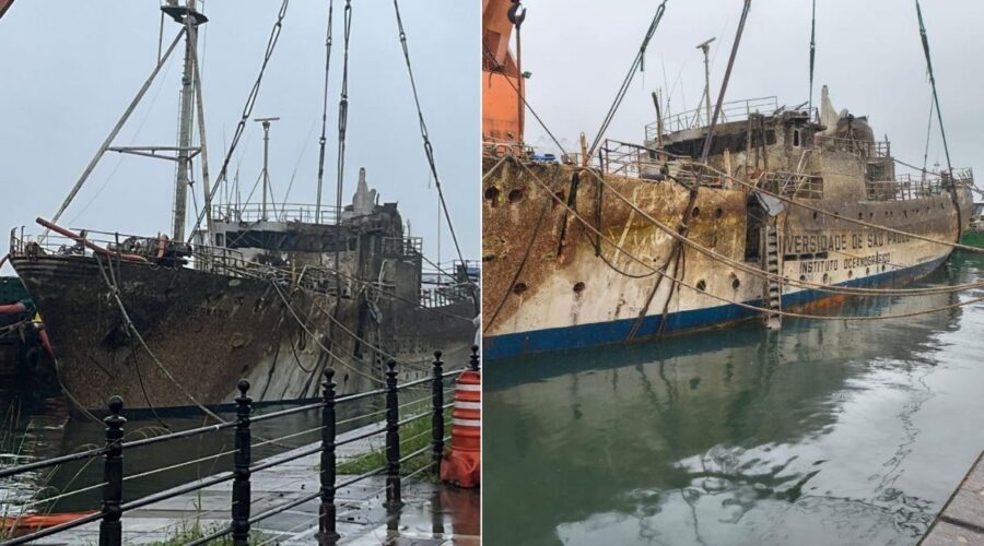 Navio histórico que afundou no Porto de Santos é reflutuado; veja como ficou