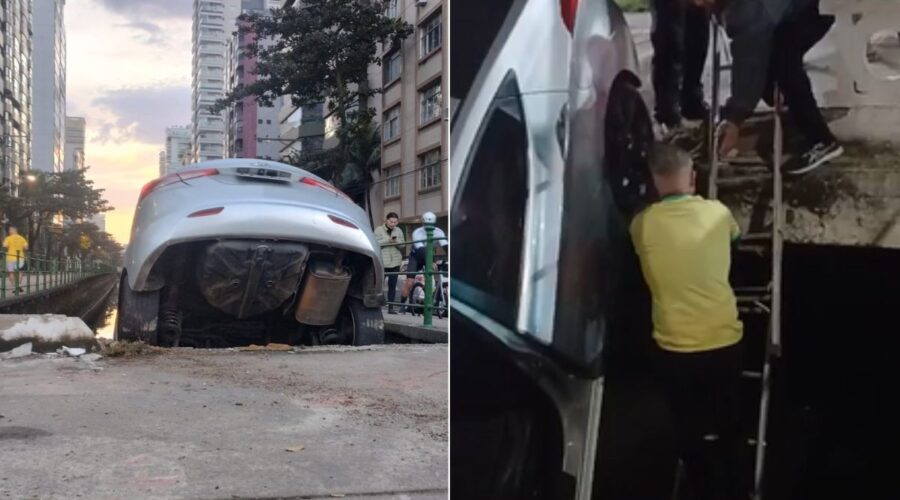 Motorista erra curva e carro despenca em canal no litoral de SP; VÍDEO