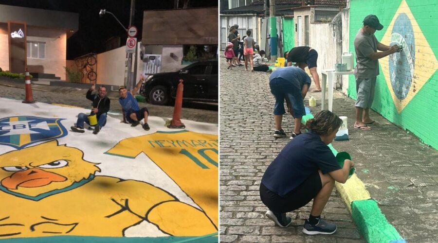 Rua de condomínio de Neymar é pintada para a Copa com ajuda de segurança de Bruna Biancardi; VEJA
