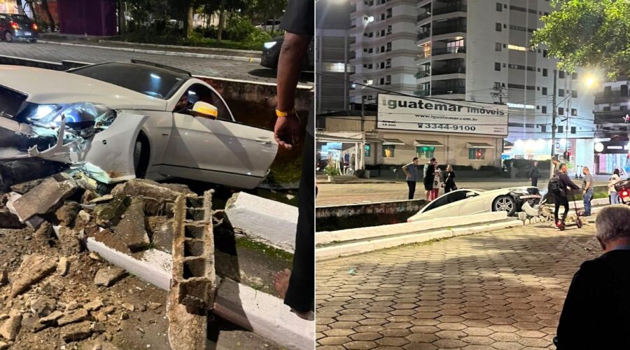 Motorista acelera e carro cai dentro de canal no litoral de SP; câmera flagrou acidente