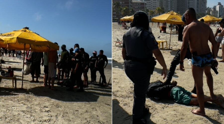 Homem é agredido e detido por banhistas após ameaçar mulher com faca em praia do litoral de SP; VÍDEO