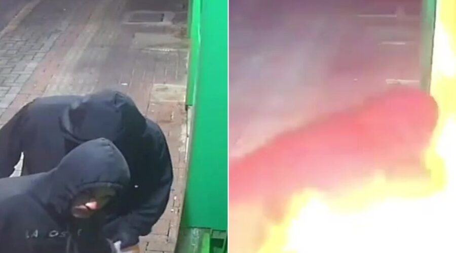 Criminosos ateiam fogo em papelaria e são atingidos pelas chamas no litoral de SP; VÍDEO