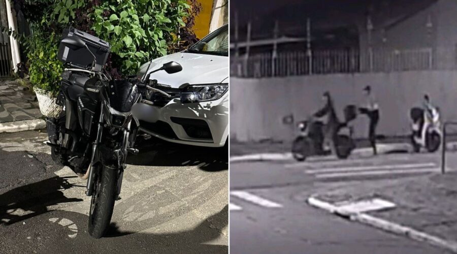 Jovens são flagrados empurrando moto furtada e acabam detidos no litoral de SP; VÍDEO