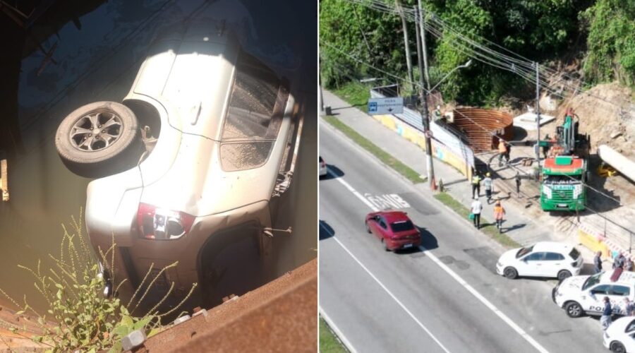 Mulher morre após carro invadir obra e cair em vala alagada litoral de SP