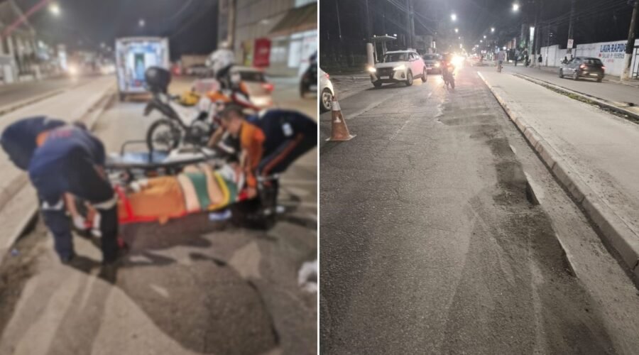 Motociclista é internado com fraturas após cair em avenida com obras no litoral de SP