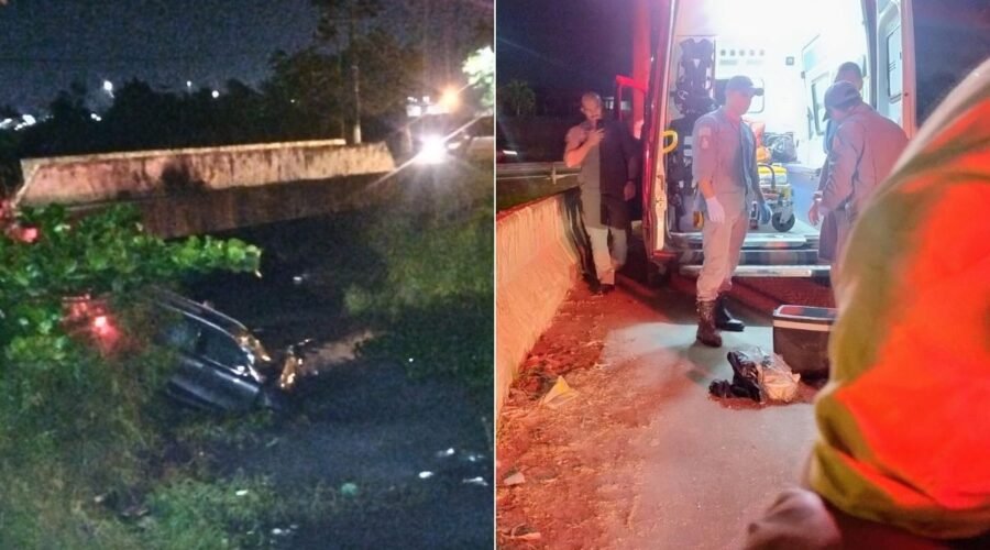 Carro cai em canal e mobiliza bombeiros no litoral de SP; motorista sai ileso