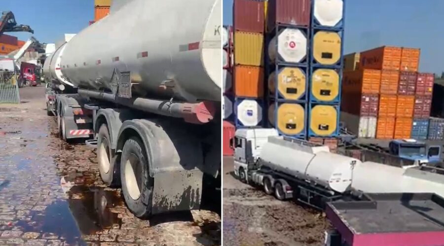 Caminhoneiro derrama produto químico após briga e é detido no litoral de SP