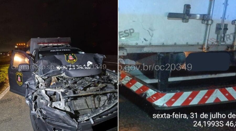 Viatura com seis presos bate em caminhão em rodovia no litoral de SP