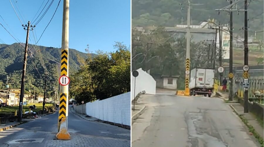 Poste de energia é deixado no meio da rua após obra e obriga motoristas a desviarem; VÍDEO