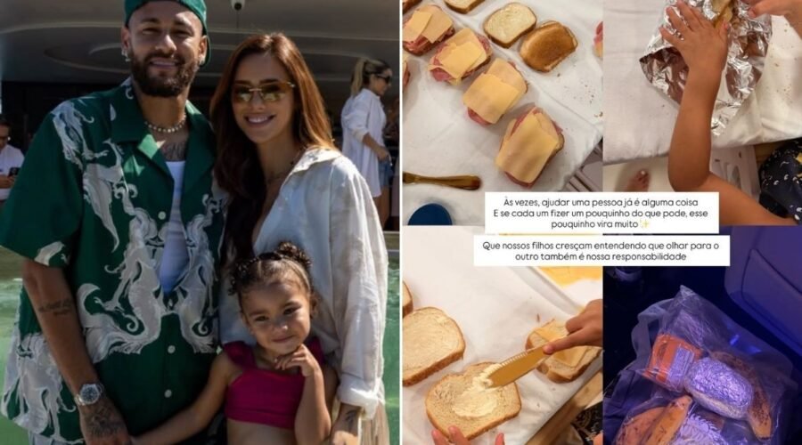 Bruna Biancardi distribui lanches com Mavie: 'Começou a entender que nem todo mundo tem uma casa'