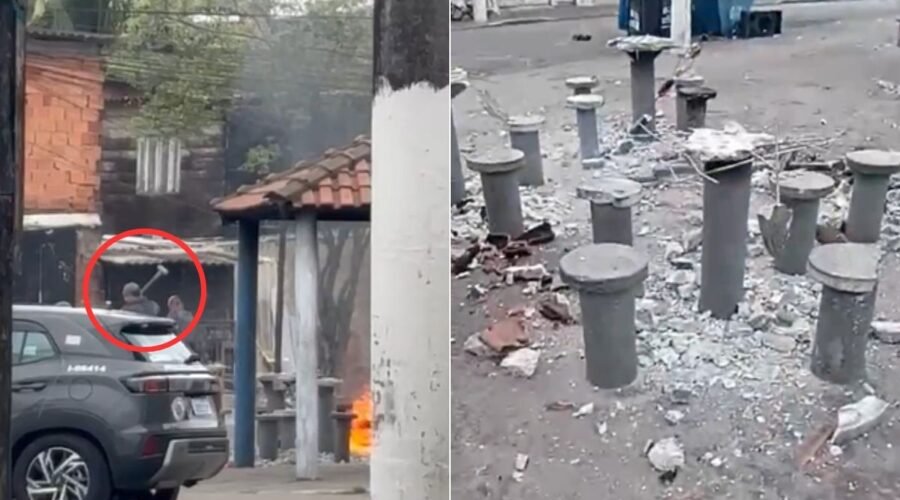 Vídeo mostra PM destruindo bancos e mesas de praça no litoral de SP; corporação alega combate ao crime