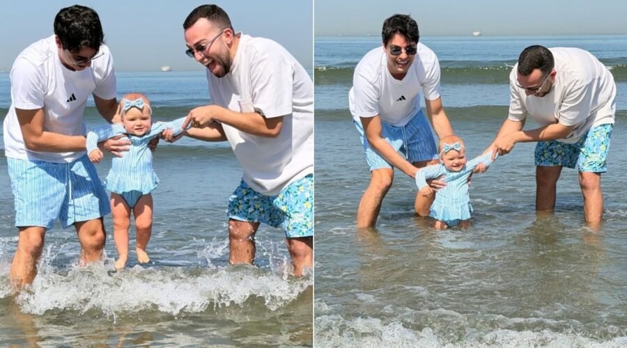 Filha de Lucas Rangel e Lucas Bley conhece a praia no litoral de SP; VÍDEO