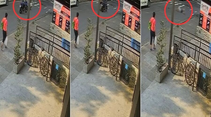 Vídeo mostra motociclista sem CNH derrubando idoso perto da faixa de pedestre; VEJA