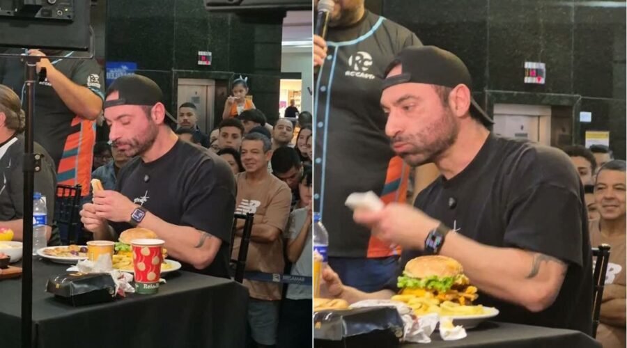 Influenciador come 5 kg de fast food em desafio no litoral de SP; VÍDEO