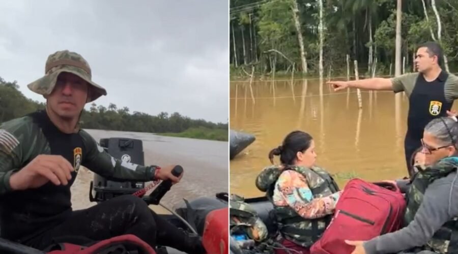PM enfrenta correnteza por mais de quatro horas para resgatar famílias ilhadas em Iguape; VÍDEO