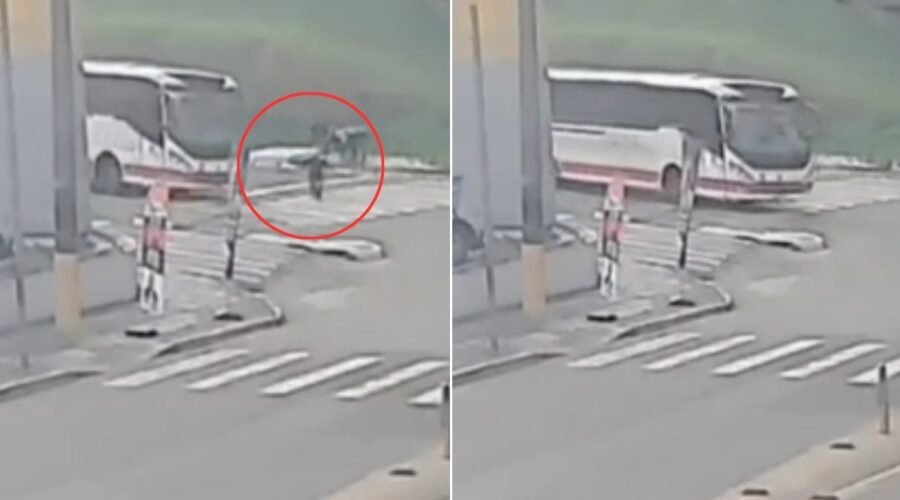 Idoso tropeça em faixa de pedestres e é atropelado por ônibus no interior de SP; VÍDEO