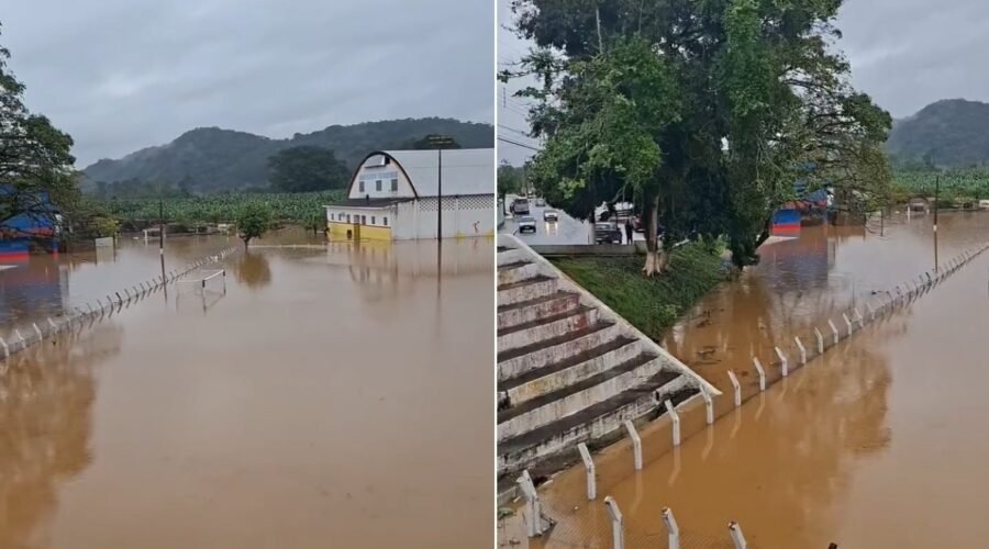 Casas, comércios e campo de futebol ficam embaixo d'água após cheia do Rio Ribeira em SP; VÍDEO