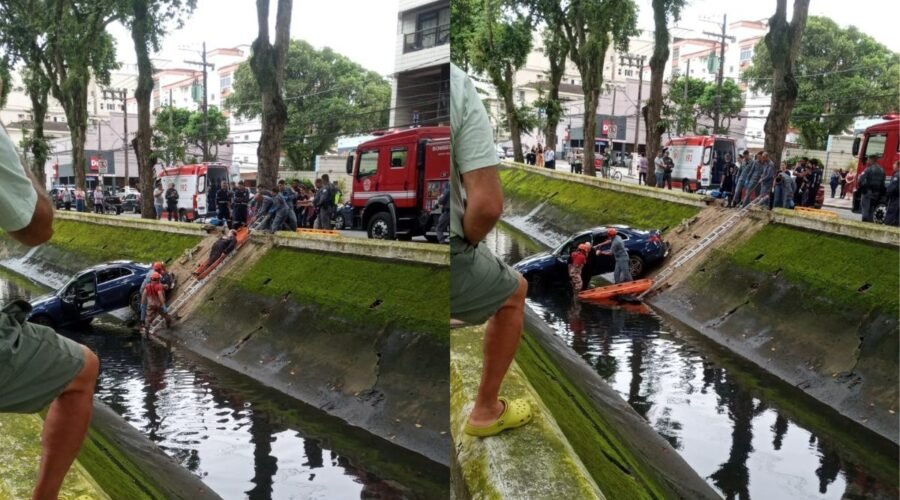 Idoso perde controle do carro e cai dentro do canal 3, em Santos; VÍDEO