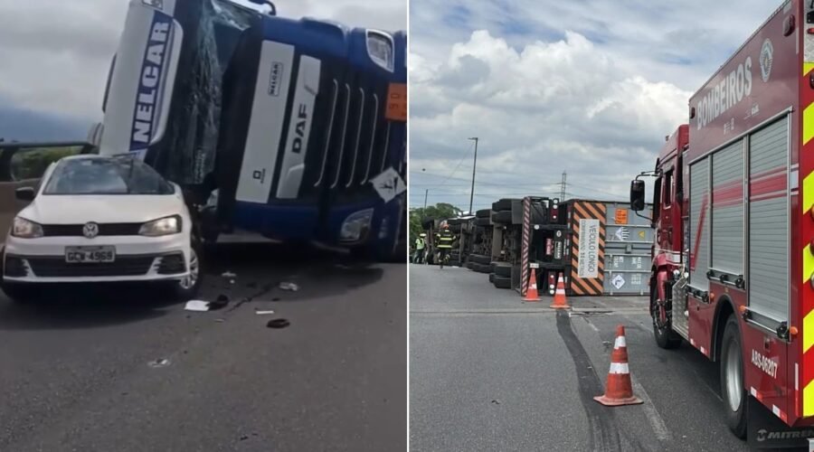 Carreta com dois contêineres tomba sobre carro da CPFL na Via Anchieta, em Cubatão