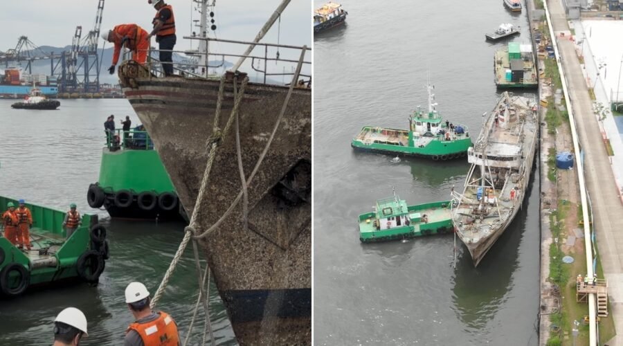 Navio histórico é retirado do Porto de Santos sete meses após afundar parcialmente