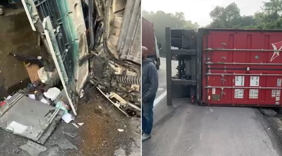 Carreta com 24 toneladas de algodão tomba e deixa motorista ferido no litoral de SP